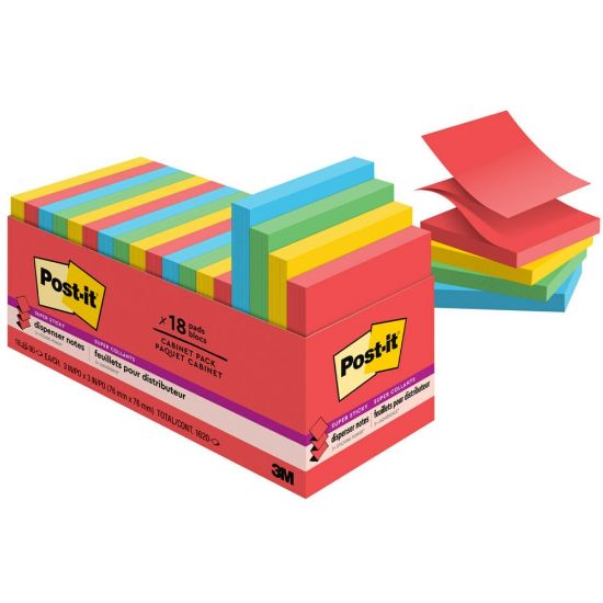 Picture of Post-it Super Sticky Dispenser Notes, 1800 Total Notes, Pack Of 18 Pads, 3in x 3in, Playful Primaries Collection, 100 Notes Per Pad