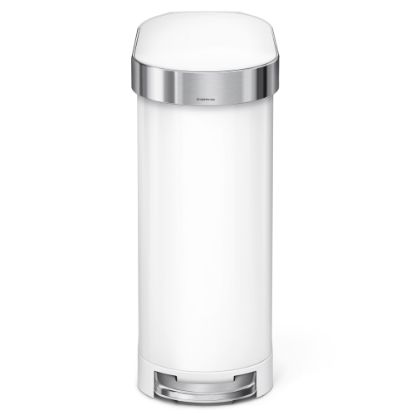 Picture of simplehuman Slim Stainless Steel Step Trash Can, With Liner Rim, 11.9 Gallons, White With Stainless Steel Rim