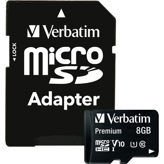 Picture of Verbatim 8GB Premium microSDHC Memory Card with Adapter, UHS-I Class 10 - Class 10 - 80MBps Read - 80MBps Write1 Pack