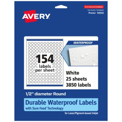 Picture of Avery Waterproof Permanent Labels With Sure Feed, 94503-WMF25, Round, 1/2in Diameter, White, Pack Of 3,850