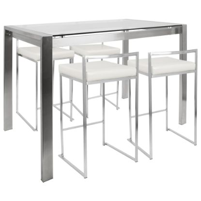 Picture of Lumisource Fuji Counter-Height Table With 4 Stools, White/Stainless Steel