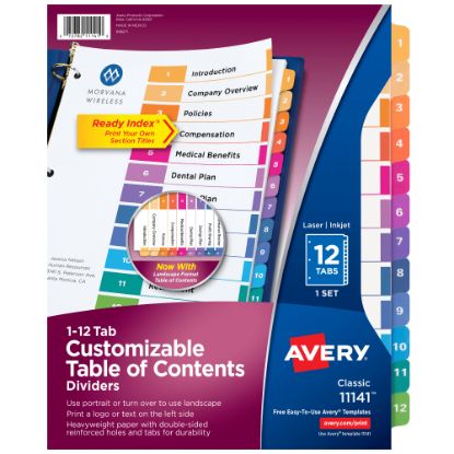 Picture of Avery Ready Index 1-12 Tab With Customizable Table Of Contents Binder Dividers, 8-1/2in x 11in, 12 Tab, Multicolor, 1 Set