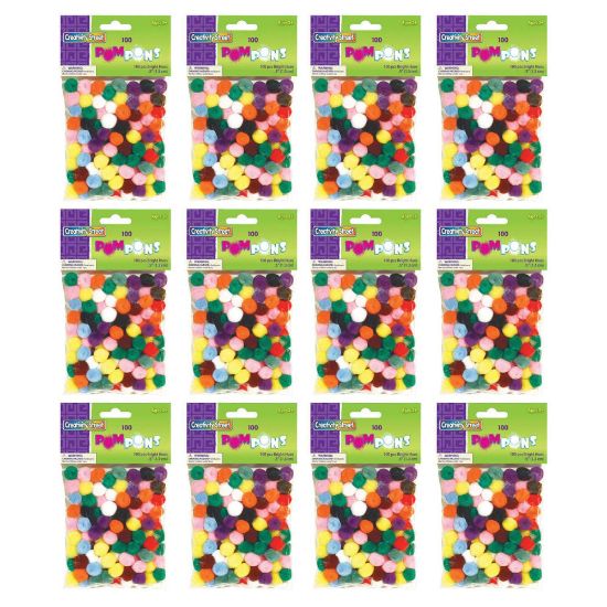 Picture of Creativity Street Pom Poms, 1/2in, Bright Hues Assortment, 100 Pom Poms Per Pack, Set Of 12 Packs