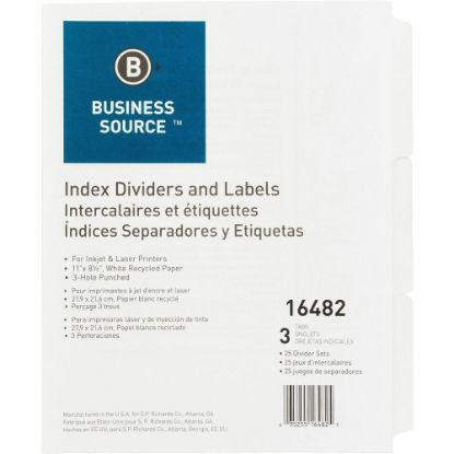 Picture of Business Source 3-Hole Punched Laser Index Tabs - 3 Tab(s) - 8.5in Divider Width x 11in Divider Length - Letter - 3 Hole Punched - White Tab(s) - Recycled - Punched, Mylar Reinforcement - 25 / Box