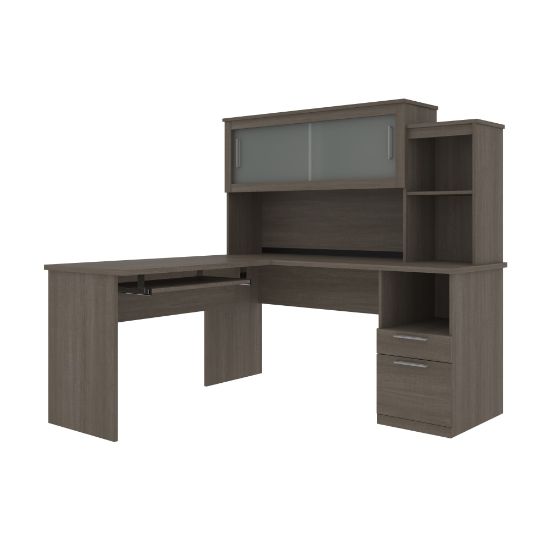 Picture of Bestar Dayton 63inW L-Shaped Corner Desk With Hutch, Bark Gray