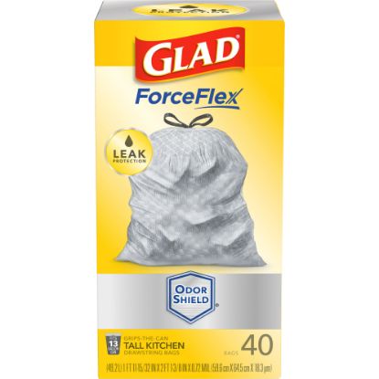 Picture of Glad ForceFlex Tall Kitchen Drawstring Trash Bags - OdorShield - Large Size - 13 gal - 4.24in Width x 8.36in Length x 4.24in Depth - Gray - 40/Box - Home, Office, Indoor, Outdoor, Commercial, Restaurant