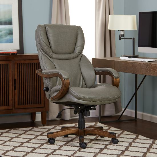 Picture of Serta Big & Tall Bonded Leather High-Back Office Chair With Wood Accents, Mindset Gray/Espresso