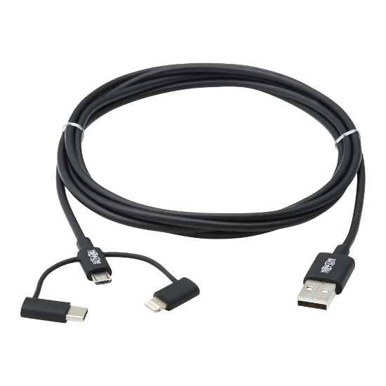 Picture of Tripp Lite USB-A to Lightning, USB Micro-B and USB-C Sync/Charge Cable, Black, 6 ft. - First End: 1 x Type A Male USB - Second End: 1 x Type C Male USB, Second End: 1 x Type B Male Micro USB, Second End: 1 x Lightning Male Proprietary Connector