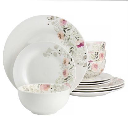 Picture of Gibson Home Lily Garden Ceramic 12-Piece Dinnerware Set, White/Pink