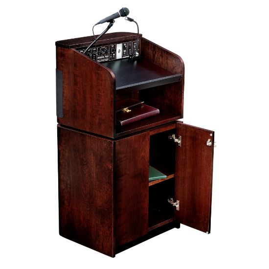 Picture of Oklahoma Sound Tabletop & Base Combo Sound Lectern With Tie Clip/Lavalier Wireless Microphone, Mahogany On Walnut